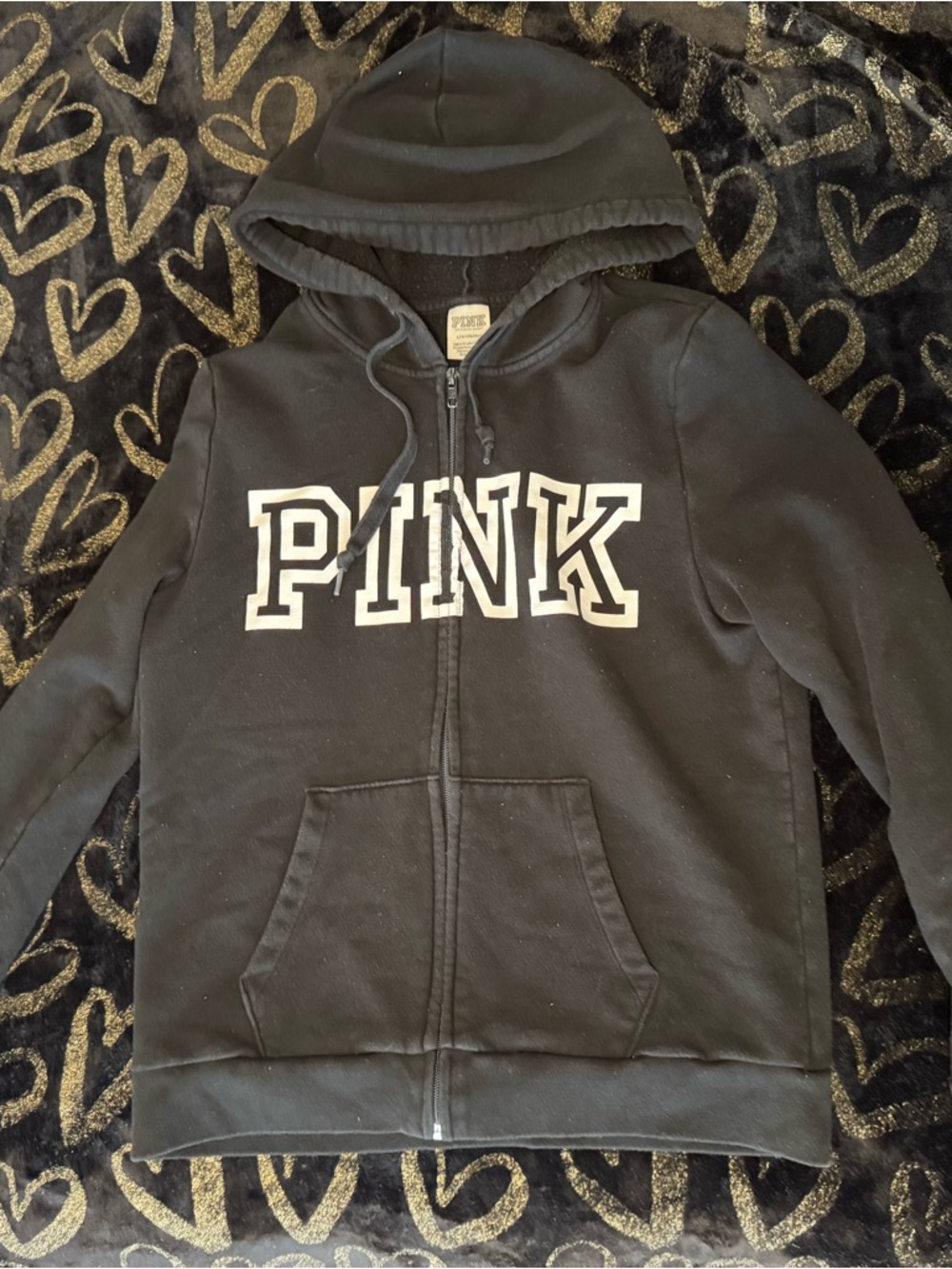 PINK Victoria's Secret Black woman’s  Zip Hoodie with White Logo